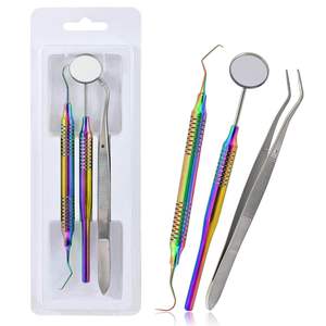 Kit d'examen dentaire 3 pièces avec miroir, sonde et pincettes à revêtement arc-en-ciel - Product Image 1