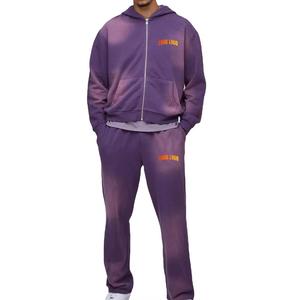 Survêtement homme 100% coton délavé à la soleil avec fermeture éclair, coupe ample, logo personnalisé, style évasé, vente en gros - Product Image 1