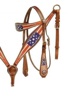 Set di Briglie in Pelle di Alta Qualità Stile Western con Design Bandiera <span class=keywords><strong>Americana</strong></span>, Capezza e Pettorale, <span class=keywords><strong>Accessori</strong></span> per Equitazione - Product Image 1