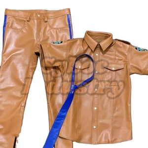 Men Leather Uniform Shirt Stylish Blue Tie Genuine Brown Sheep Leather Pant Custom Plus Size Shirt for Adult - Product Image 5