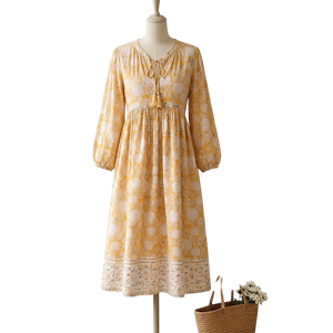 Yellow Floral Hand Block Print Cotton Long Dress for Women Gadder Panel with Neck Dori Side Pockets Handmade Summer Gown Fit - Product Image 1
