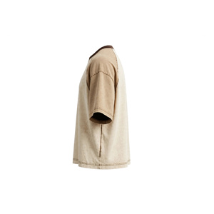 T-shirt Homme Grande Taille à Manches Raglan Oversize, Col Rond Contrastant avec Blocs de Couleurs Beige, 100% Coton, Style Streetwear Décontracté - Product Image 4