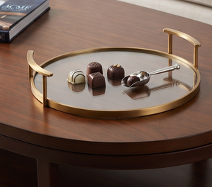 Elegant Round <b>Glass</b> Serving <b>Tray</b> with Gold Metal Frame and Handles Polished Finish Residential Use Weddings Events - Product Image 4