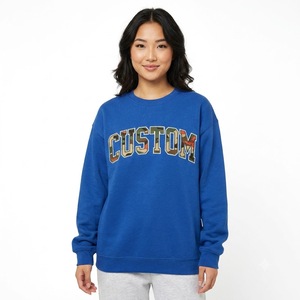 Sudadera de Felpa de Algodón Azul Rey con Cuello Redondo, Sudadera con Apliques de Camuflaje Vintage, Sudadera con Logotipo Personalizado, Proveedor de Sudaderas con Capucha - Product Image 1