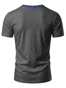 Men's V-Neck Short Sleeve Knitted Jersey T-Shirt 100% Cotton Solid Color Contrast Trim Slim Fit Casual Breathable 200 Grams - Product Image 4