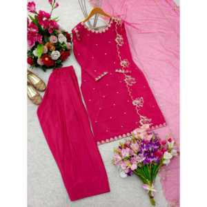 WW Designer Pink Rayon <b>Top</b>-Bottom <b>Kurta</b>/Kurti with Heavy Embroidery Sequence Work for Casual Occasions - Product Image 6