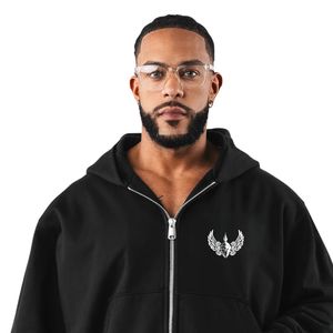 Men's Black Full Zip Hoodie Sweatshirt Long Sleeve Casual Athletic Sportswear Training Activewear Jacket with Kangaroo Pockets - Product Image 2