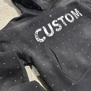 Custom Diamond <b>Rhinestone</b> <b>Jacket</b> Man Streetwear Vintage Oversized Baggy Applique Patch Zip Acid Wash Hoodie Breathable - Product Image 3