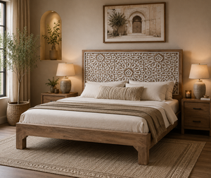 American Style Solid Mango Wood King Size Platform <b>Bed</b> Geometric Handcrafted Design Foldable Indian Origin Hotel Bedroom - Product Image 2