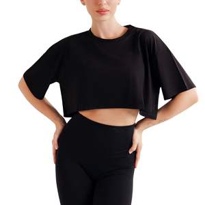 Camiseta Corta Oversize para Mujer, Nueva Llegada, Logotipo Personalizado, 100% Algodón, Color Negro, Venta al Por Mayor OEM, Transpirable - Product Image 1