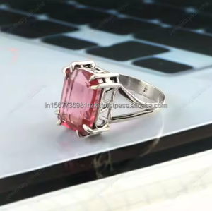 Anillo de boda y belleza de compromiso de Plata de Ley 925 más vendido, juego de piedras preciosas de turmalina rosa en plata chapada en rodio - Product Image 1