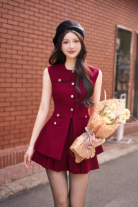 Women's Two Piece Set <b>Red</b> Tweed Sleeveless Blazer <b>Top</b> Pleated Skirt O Neck Button Front Preppy Style Autumn Outfit SAHRA - Product Image 3