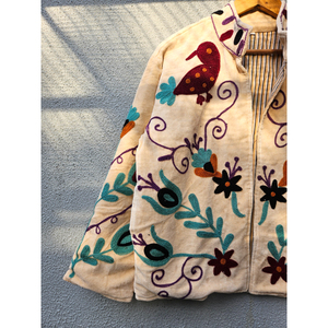 Veste en velours beige brodée, manteau court d'hiver, motif oiseau brodé, veste pour femme, coton tissé à la main, style bohème, cadeau pour elle - Product Image 2