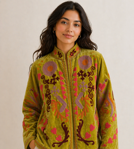 <b>Jacket</b> Brown Velvet Knitted Suzani Embroidered Letter Detail Bomber Handmade Bohemian Eco-Friendly Breathable Quilted Reversible - Product Image 1