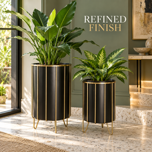 Ensemble de pots cylindriques noirs et dorés pour l'intérieur |   Jardinières surélevées en métal avec pieds pour salon, hôtel, bureau, maison, jardin - Ensemble de décoration - Product Image 4
