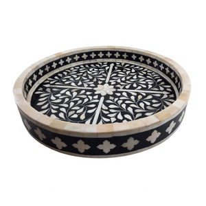 Bandeja de Servicio Floral Negra con Incrustaciones de Hueso de la Mejor Calidad, 38x38x5 cm, Certificada por EPCH, para Hoteles, Restaurantes, Utensilios de Cocina, Decoración de Calidad - Product Image 1
