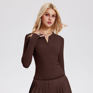 Camiseta de Manga Larga con Cuello en V para Mujer, Personalizada, Ajustada, Transpirable, Suave, Informal, Lisa, de Color Sólido - Product Image 3
