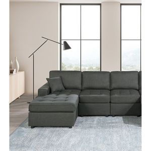 Set Divano Sezionale Tufted in Tessuto Dorris Nero Cenere Stile Contemporaneo Livi LAF RAF LAF con Chaise Longue e Sedie Senza Braccioli con Cuscini - Product Image 3