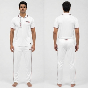 High Quality 2026 Model Men's <b>White</b> <b>Cricket</b> Uniform With Red Black Trim Breathable Polyester Sportswear With Cheap Price - Product Image 4