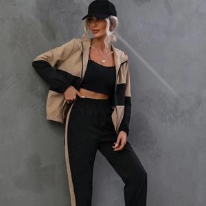 women <b>tracksuit</b> slim fit cotton polyester zipper hoodie jogger pants breathable stretch gym training wear set - Product Image 1