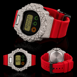 Bold Hip Hop Luxury Quartz Digital Watch Iced Silver Tone Stainless Steel Bezel <b>Red</b> Strap Sparkling Stones Modern Design - Product Image 4