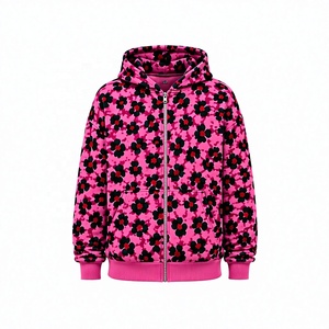 Pink Floral Print Zip Up Hoodie Men Oversized Streetwear Pullover Jacket with Pocket Winter Sweatshirt - Product Image 2