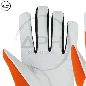 High Visibility Orange Fabric Gloves White Grain Leather Palm Neoprene Cuff <b>Hook</b> Loop Wrist Strap Wiring Fitting Wear - Product Image 4
