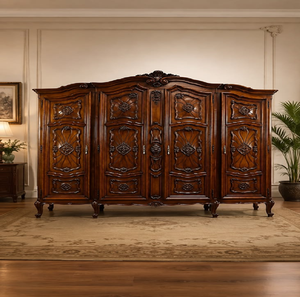 Armoire en bois au fini teck classique, ornée de détails dorés sculptés et dotée d'un sectionnement extérieur pour porte-manteaux, disponible à prix de gros. - Product Image 6
