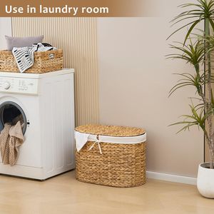 Cesto Portabiancheria Ovale con Coperchio in Giacinto d'Acqua Naturale Intrecciato a Doppio Strato, Manici in Bambù e Metallo, Tessuto in Vimini per Conservazione Vestiti - Product Image 4