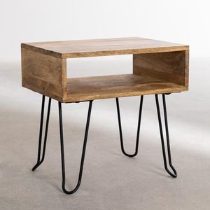 Mesa de Noche de Madera con Estante Abierto y Patas de Horquilla, Mesita de Noche para Dormitorio - Product Image 2
