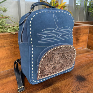 Boot Stitch Mochila de cuero de gamuza azul tooled a mano Western Floral Travel Luxury Hand Stitch Mochila pequeña de cuero para mujer - Product Image 4