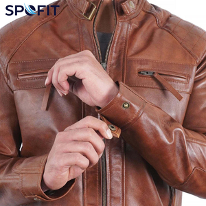 Chaqueta de Cuero Marrón para Hombre SPOFIT, Estilo Motero, Cuello Alto, Cierre de Cremallera, Corte Regular, para Otoño - Product Image 4