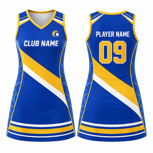 Uniforme de netball sans manches pour femmes Custom MEGAMAPLE, bleu et jaune, impression par transfert thermique, respirant, 100% polyester, fusion sans couture - Product Image 1