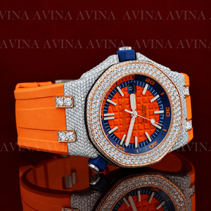 Reloj de Lujo con Incrustaciones de Moissanita para Hombre, Estilo Hip Hop |   Reloj automático con correa de caucho naranja |   Reloj Deportivo con Diamantes Incrustados - Product Image 2