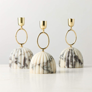 Modern Gold Metal Candlestick Holder Featuring A Geometric <b>Ring</b> Accent And A Fluted <b>Dome</b> Marble Base For Stylish Home Decoration - Product Image 3