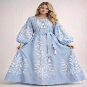 Vestido Maxi de Organza Bordado Azul Aqua para Mujer, Mangas Largas, Cuello con Lazo, Corte Holgado, Vestido Casual de Playa, Elegante Vestido de Fiesta con Borlas - Product Image 1