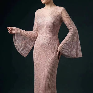 Vestido de Noche de Lujo con Cuentas Hechas a Mano para Mujer |   Vestido de Fiesta con Mangas Largas y Mangas de Campana |   Venta al por mayor de ropa nupcial y formal hecha a medida - Product Image 1