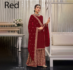 Salwar Kameez en soie brodée rouge D.N° 1448-B, tenue de mariage indienne traditionnelle pour femmes, longueur au sol, coupe classique - Product Image 1