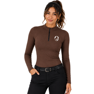 Womens Chocolate <b>Brown</b> Horse Riding Base Layer <b>Long</b> <b>Sleeve</b> Equestrian Training Shirt Quarter Zip Stretch Breathable Performance - Product Image 1