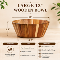 Grand saladier en bois d'acacia fait main de 12 pouces pour servir les fruits |   Table de salle à manger de style moderne et rustique, écologique et durable