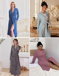 Women's Knitted Robe Solid Color Long Sleeve V-Neck Belted <b>Wrap</b> Dress Pockets Machine Washable Hypoallergenic Microfiber - Product Image 4