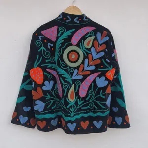 Ethnic Style Winter Jacket Velvet Suzani Cropped Bohemian <b>Coat</b> with Floral Embroidery for Festivals or Casual Wear - Product Image 3