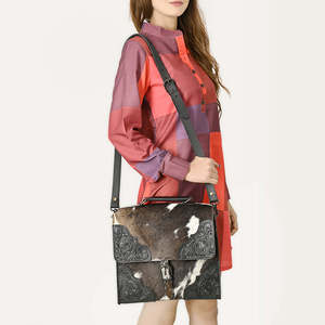 Cowhide Tooled <b>Leather</b> Briefcase With Handmade Floral Embossing And Adjustable Strap For Business - Product Image 2