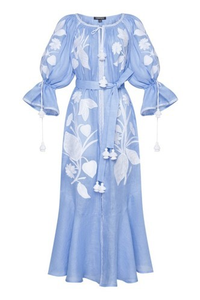 Vestido largo bohemio bordado para mujer, vestido largo de verano de algodón con cuello redondo y manga corta, bordado floral étnico - Product Image 4