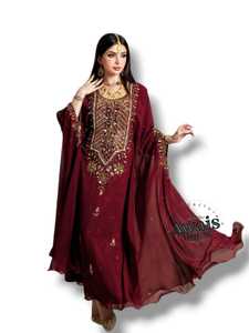 Awais House Women's Maroon Embroidered Salwar Kameez Floor Length Long Sleeve Wedding Ethnic Dress India Pakistan Style - Product Image 4