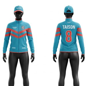 Chaqueta de Entrenamiento de Fútbol Personalizada para Mujer, 220 GSM, Tejido de Poliéster, Paneles Rojos y Verde Azulado a Rayas, Cierre Completo, Ropa Deportiva - Product Image 1