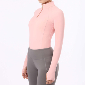 Haut d'équitation tendance pour femme à manches longues, col montant semi-zippé, respirant, rose uni, pour l'équitation, OEM ODM - Product Image 3