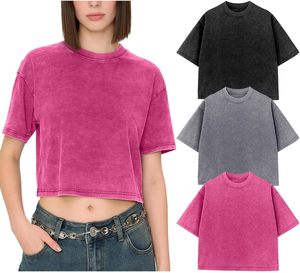 เสื้อยืดแขนสั้นคอกลมทรงครอปสำหรับผู้หญิง สีพื้น ทรงหลวม ผ้าฝ้ายฟอก สไตล์ลำลอง สำหรับฤดูใบไม้ผลิและฤดูร้อน - Product Image 3