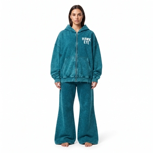 Conjunto de dos piezas para mujer: Sudadera con capucha de cremallera completa con lavado ácido y efecto desgastado, y jogger de pierna ancha acampanada de algodón polar, estilo streetwear. - Product Image 1