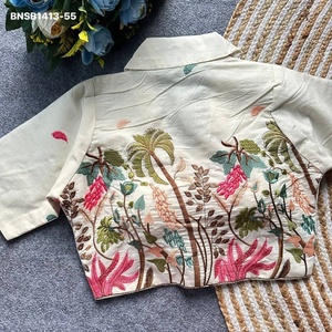 Chemise élégante en coton Khadi avec motif floral-arbre-animal brodé multi-fils, col halter, mode féminine - Product Image 1